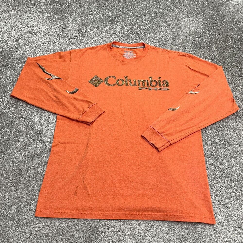 Columbia PHG Graphic Shirt Mens Large Orange Long Sleeve Cotton Casual Hunting
